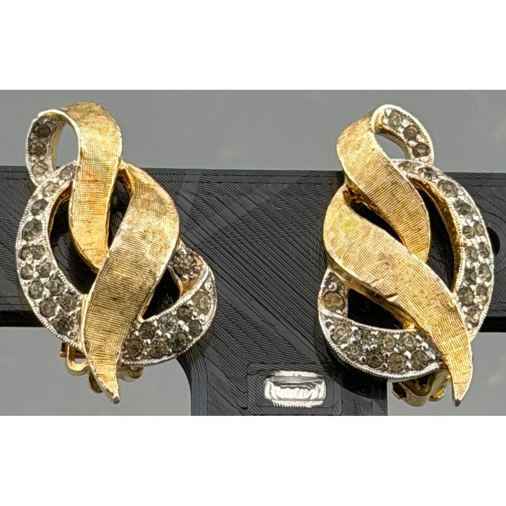 Vintage Panetta Earrings Gold Tone Rhinestone Ribbon Clip On Signed 1"